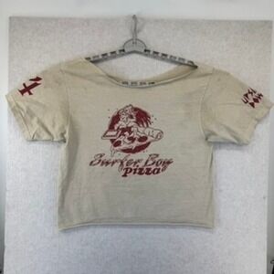 Womens M / L Stranger Things Surfer Boy Pizza Cropped T-Shirt Tan